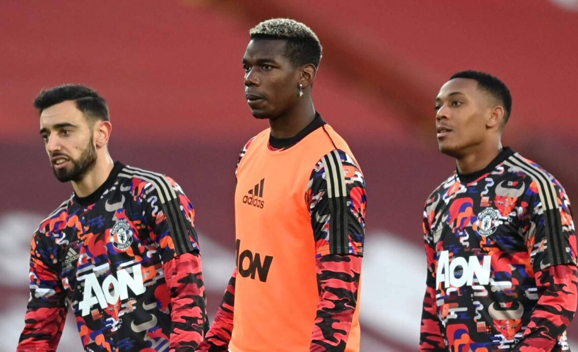 Bruno Fernandes Paul Pogba and Anthony Martial in a warm up