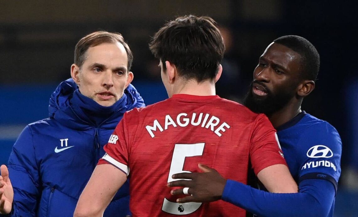 Thomas Tuchel with Antonio Rudiger (right) and Manchester United's Harry Maguire after the Premier League match at Stamford Bridge, London