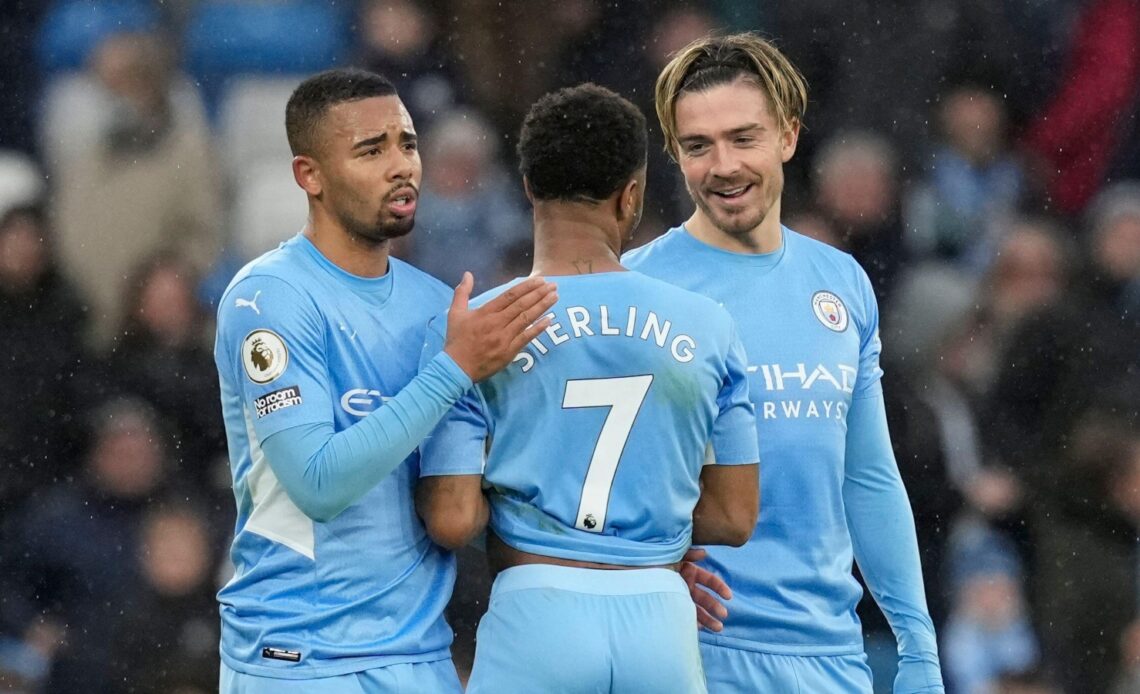 Reported Arsenal target Gabriel Jesus congratulates Raheem Sterling on his goal