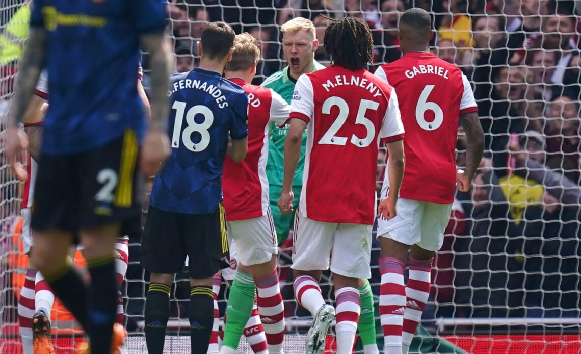 Arsenal goalkeeper Aaron Ramsdale celebrates a missed penalty