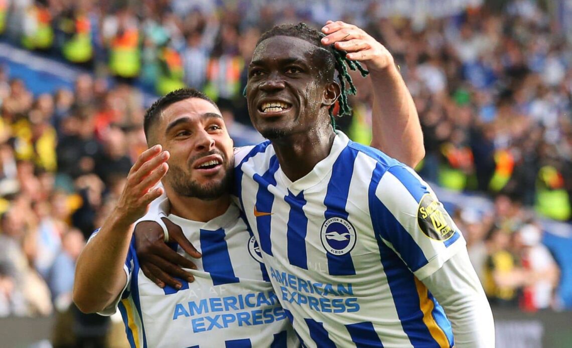 Neal Maupay of Brighton and Hove Albion celebrates with Yves Bissouma after scoring to make it 2-0 during the Premier League match at the AMEX Stadium, Brighton and Hove