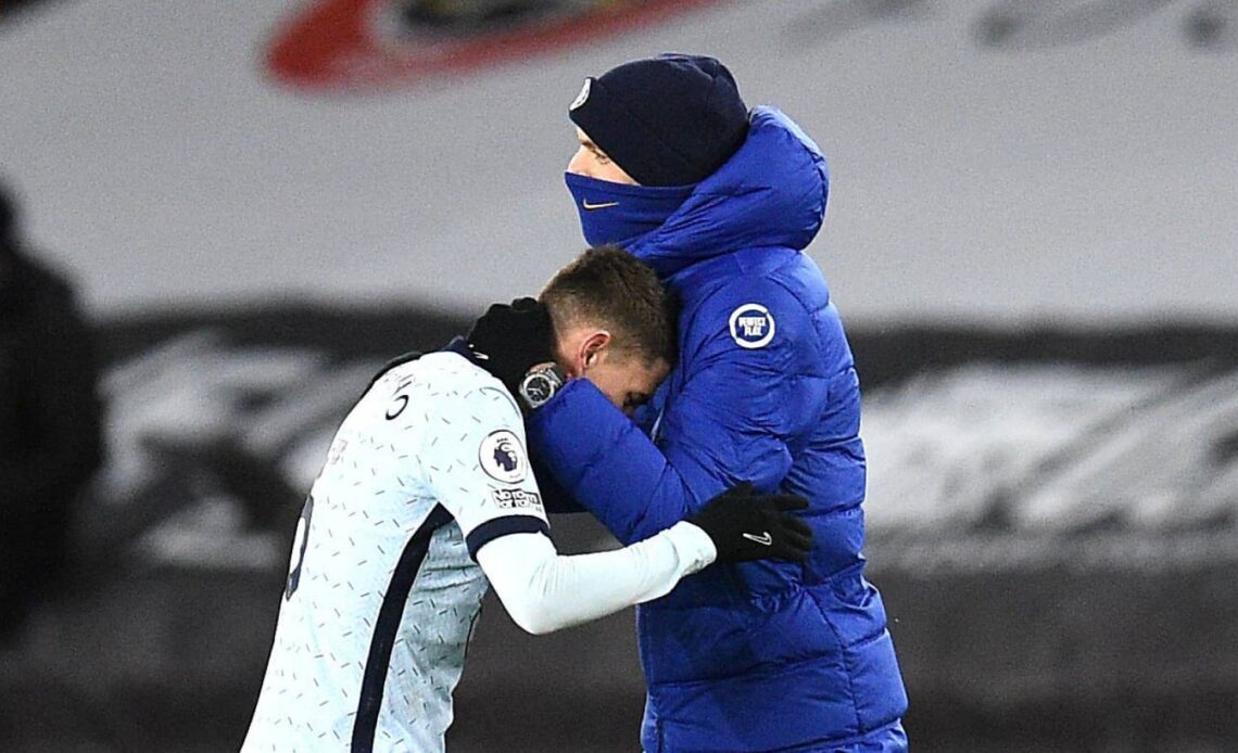 Chelsea manager Thomas Tuchel embracing Jorginho