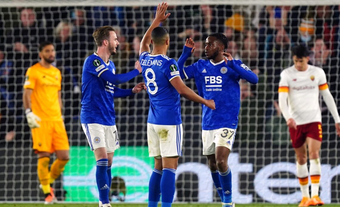 Leicester winger Ademola Lookman celebrates his goal