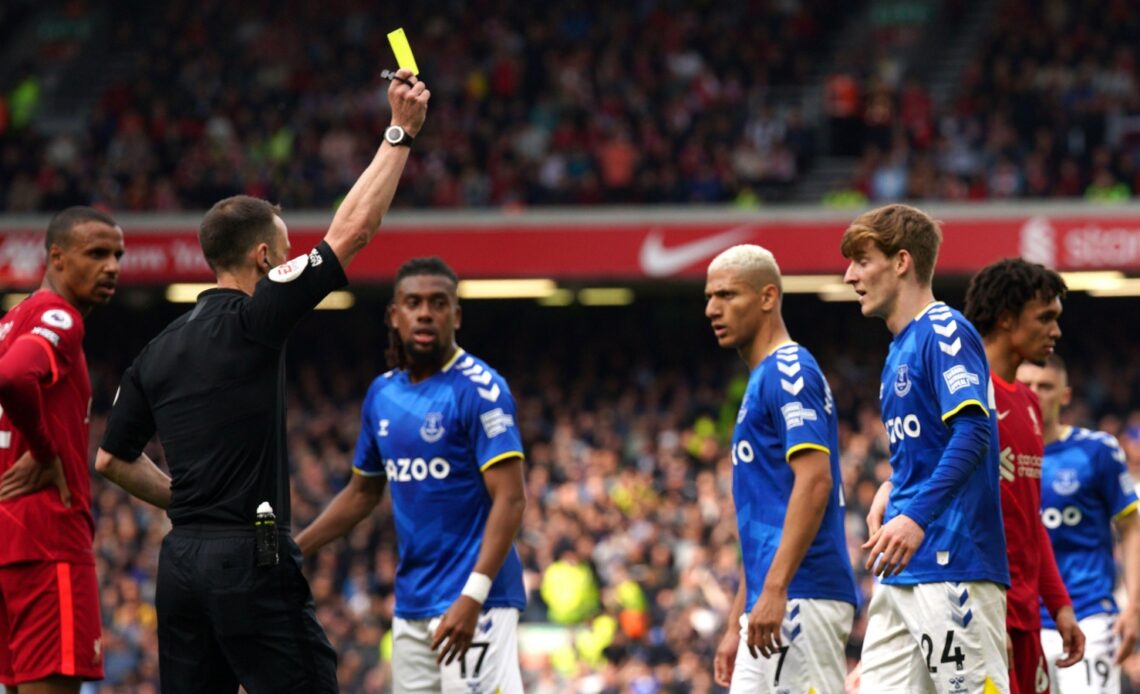 Everton winger Anthony Gordon receives a yellow card