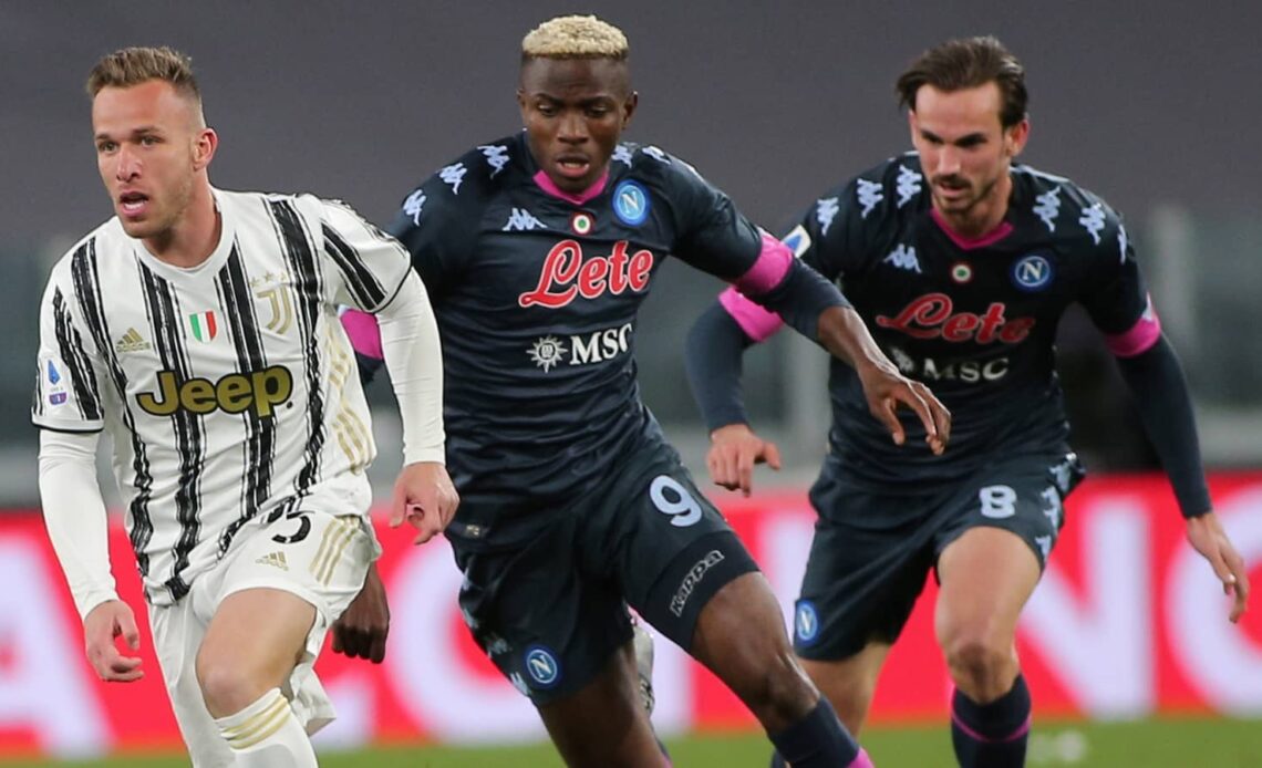 Arthur Melo, Victor Osimhen and Fabian Ruiz pictured during Juventus vs Napoli in Serie A
