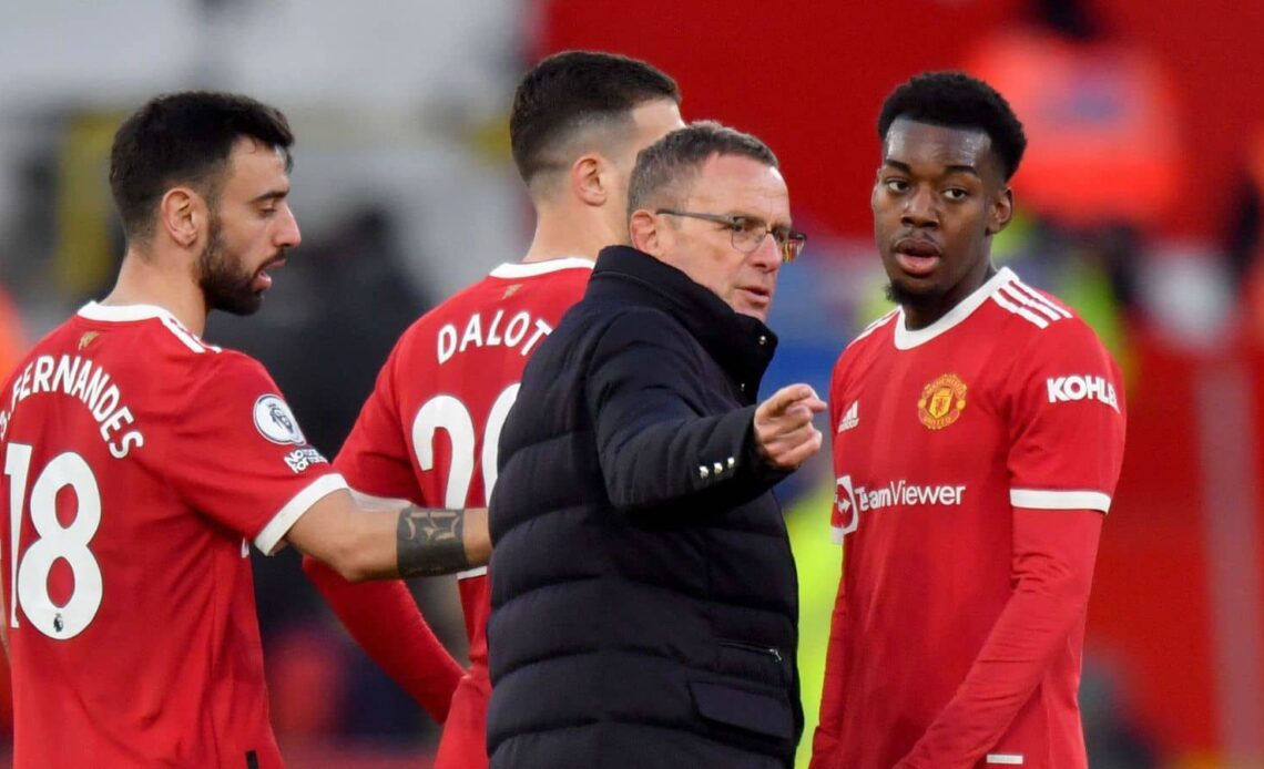 Manchester United Caretaker Manager Ralf Rangnick speaks to Manchester United's Anthony Elanga during the Premier League match at Old Trafford
