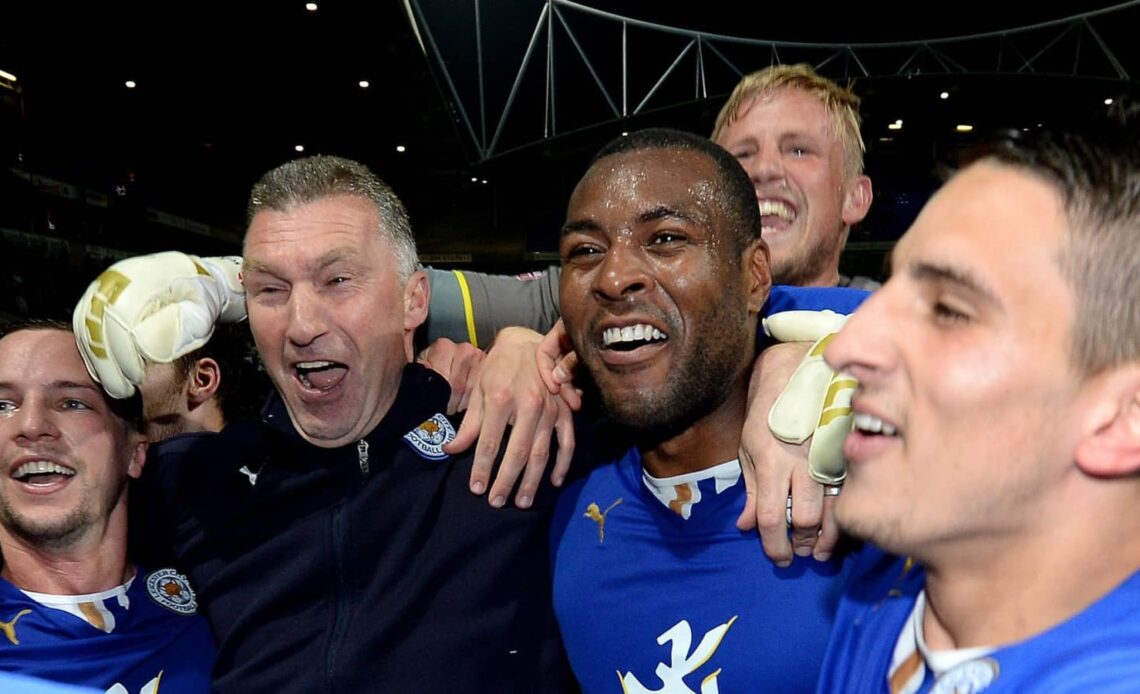 Kasper Schmeichel, Nigel Pearson, Wes Morgan, Leicester City, April 2014.
