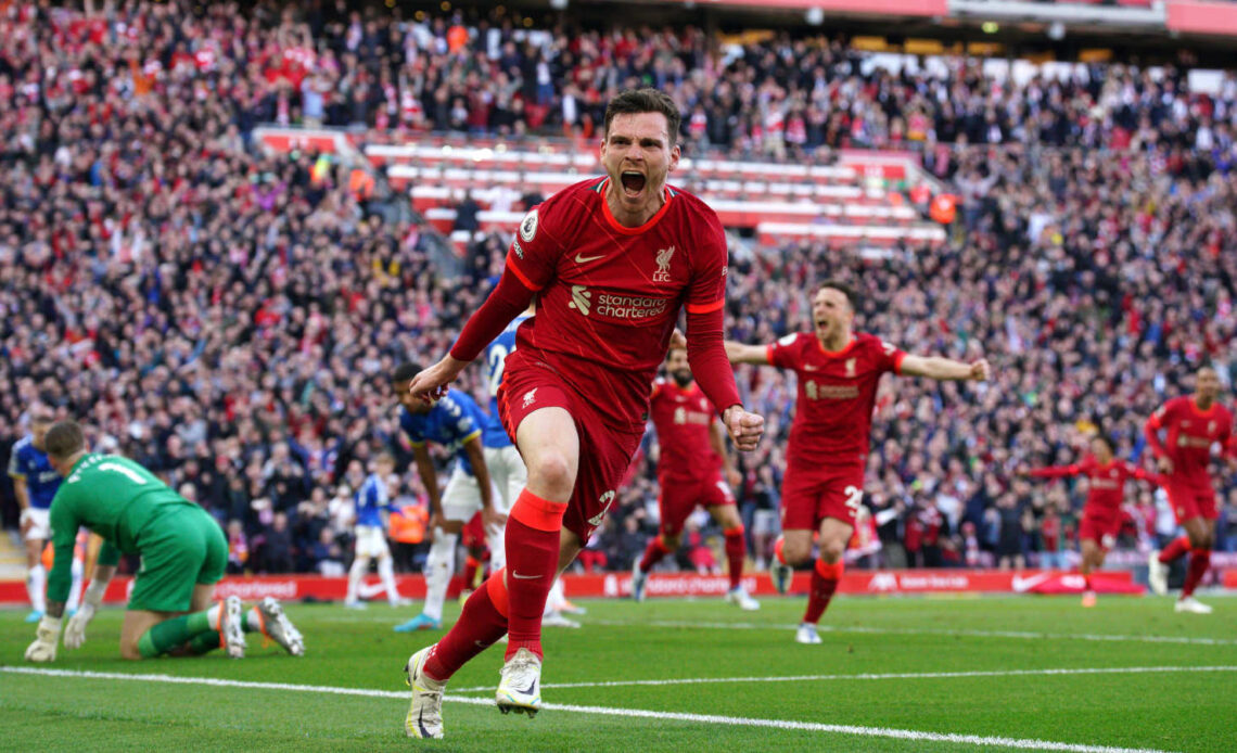 Andy Robertson celebrates scorin for Liverpool against Everton