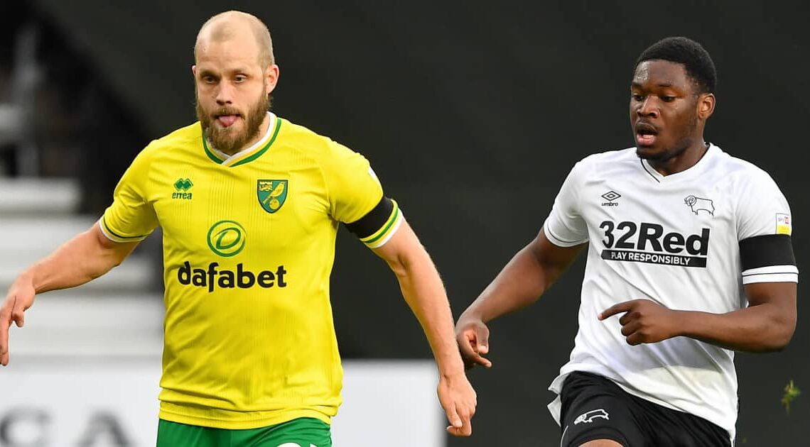 Norwich striker Teemu Pukki battling Man Utd loanee Teden Mengi