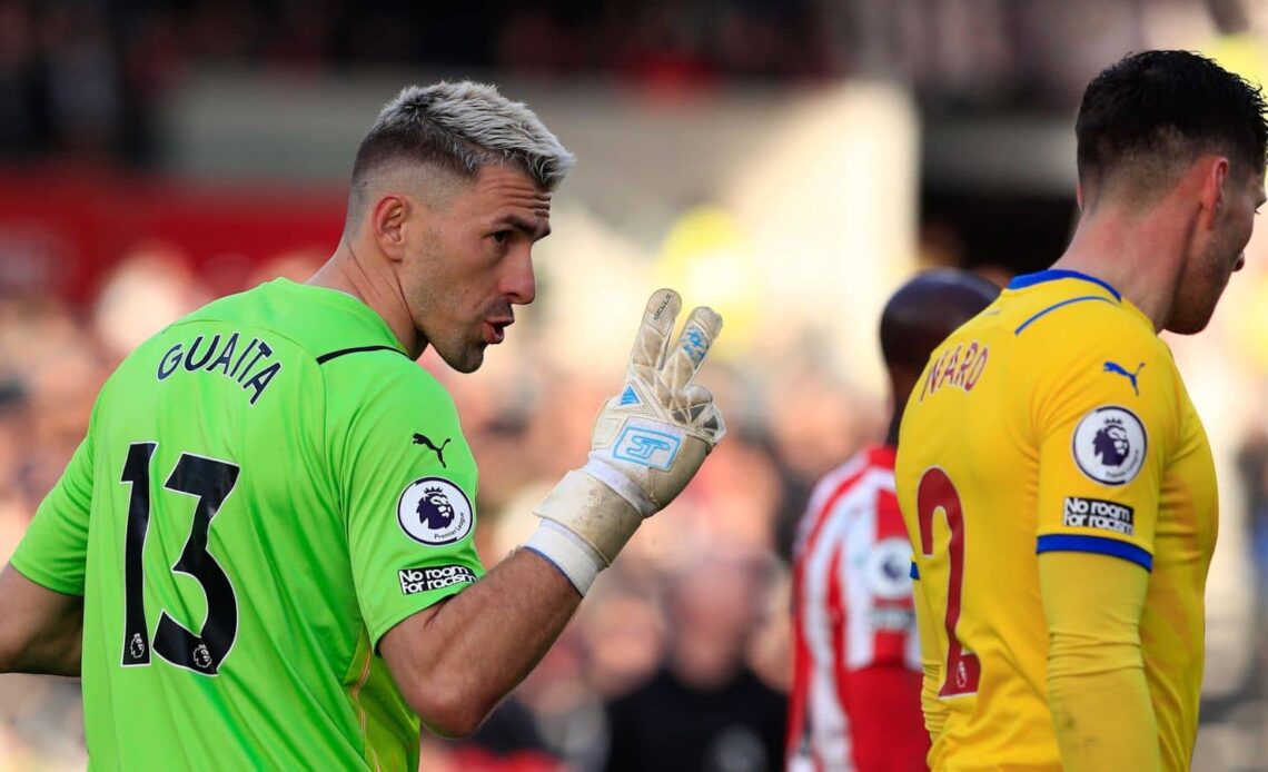 Goalkeeper Vicente Guaita of Crystal Palace giving instructions to Joel Ward during Premier League game v Brentford