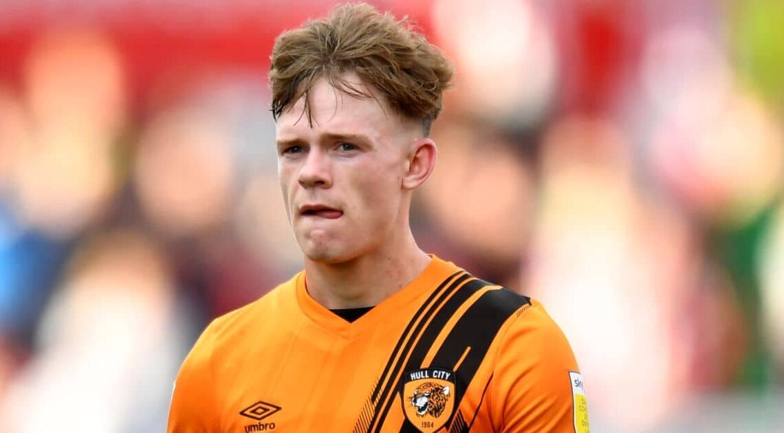 Keane Lewis-Potter, Hull City midfielder in Championship action against Stoke City at Bet365 Stadium