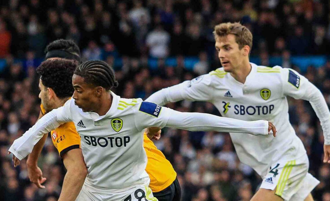 Crysencio Summerville and Diego Llorente playing for Leeds United