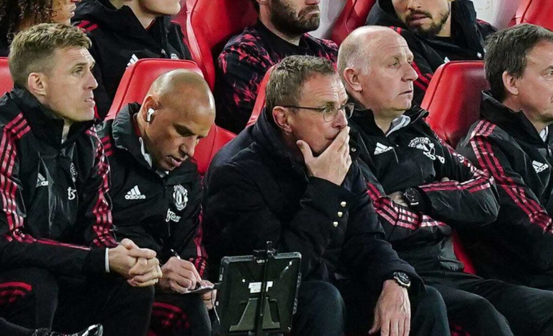 Ralf Rangnick sat among the Manchester United coaching staff