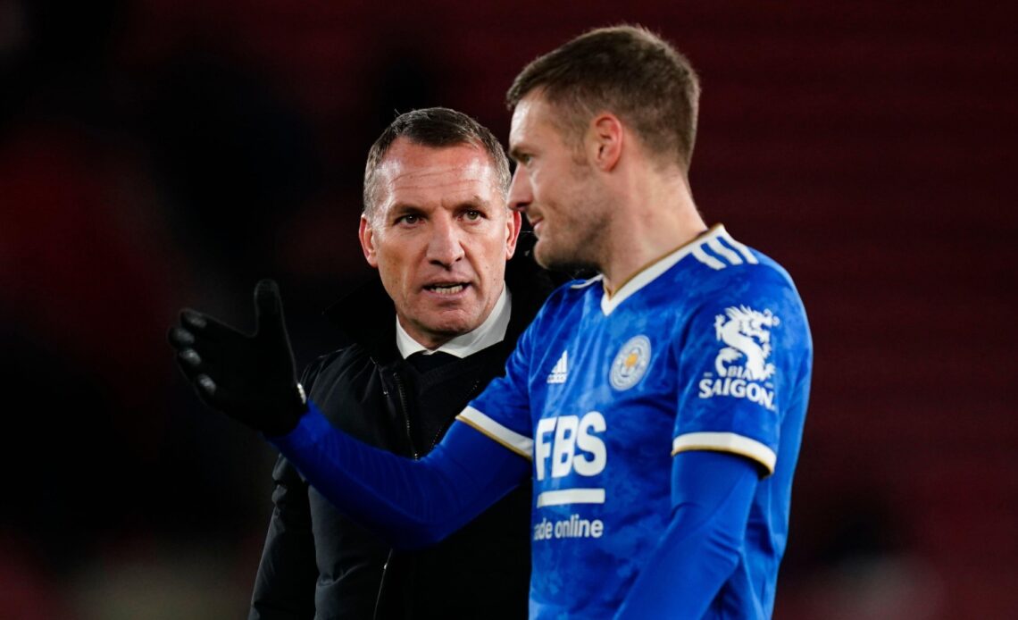 Leicester City manager Brendan Rodgers and Jamie Vardy