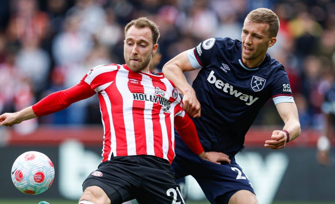 Christian Eriksen of Brentford and West Ham United's Tomas Soucek battle for the ball during the Premier League match at the Brentford Community Stadium, London