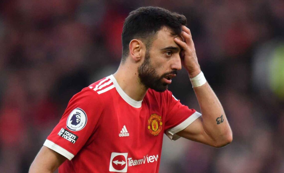 Bruno Fernandes reacting during a Manchester United match