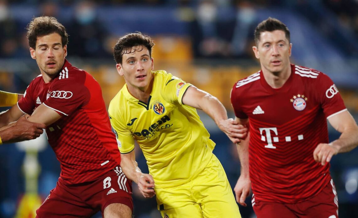 Villarreal defender Pau Torres flanked by Bayern Munich pair Leon Goretzka and Robert Lewandowski