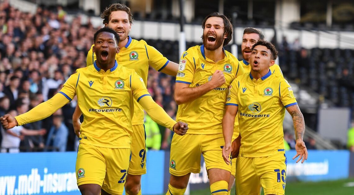 Ben Brereton Diaz of Blackburn Rovers celebrates with Tayo Edun, Sam Gallagher and Tyrhys Dolan, after scoring a goal to make it 0-1