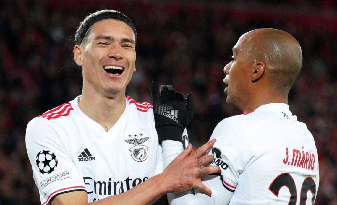 Darwin Nunez, Joao Mario celebrate a goal for Benfica during Champions League game v Liverpool at Anfield