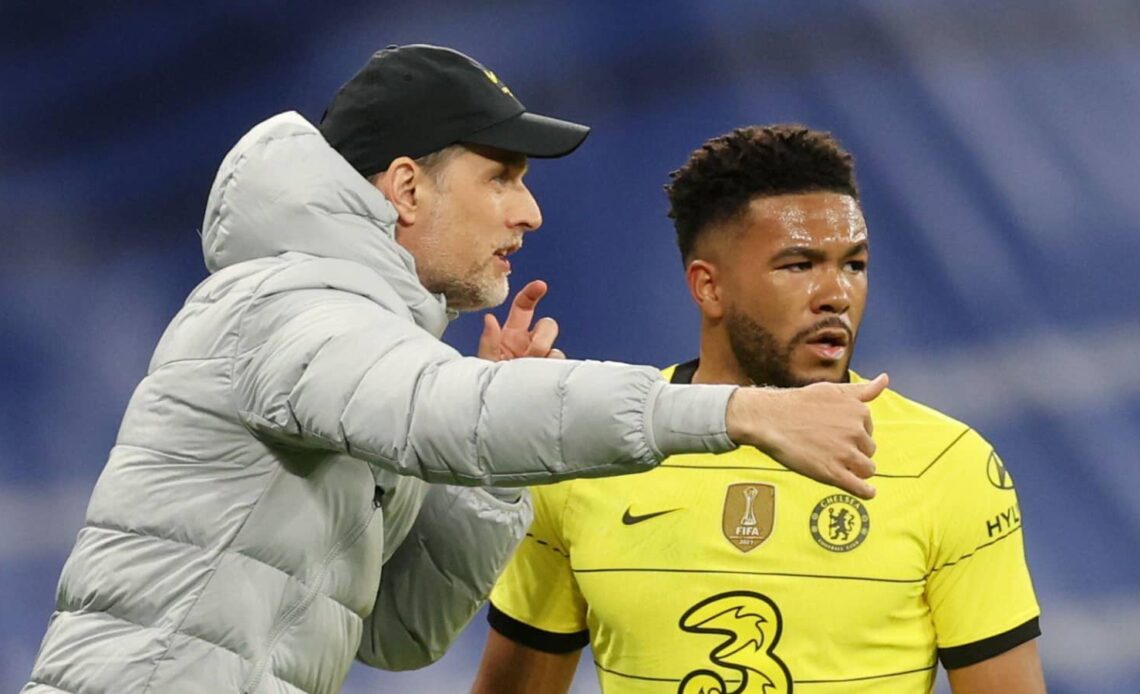 Chelsea manager Thomas Tuchel speaking with Reece James