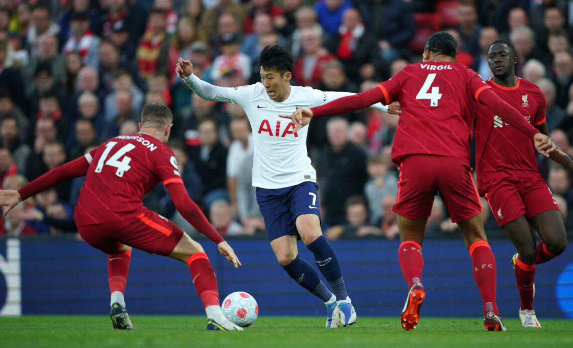 Son Heung Min of Spurs takes on the Liverpool defence