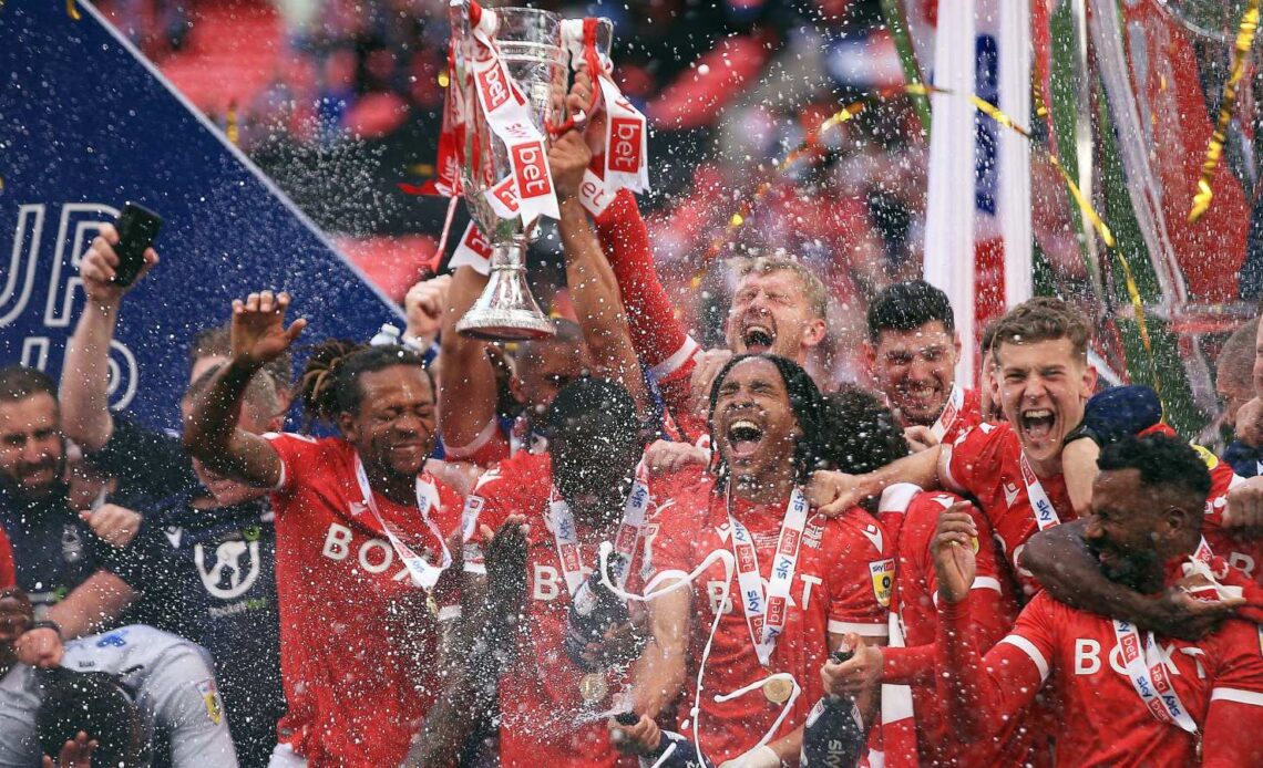 Nottingham Forest celebrate after beating Huddersfield 1-0 in the Championship play-off final