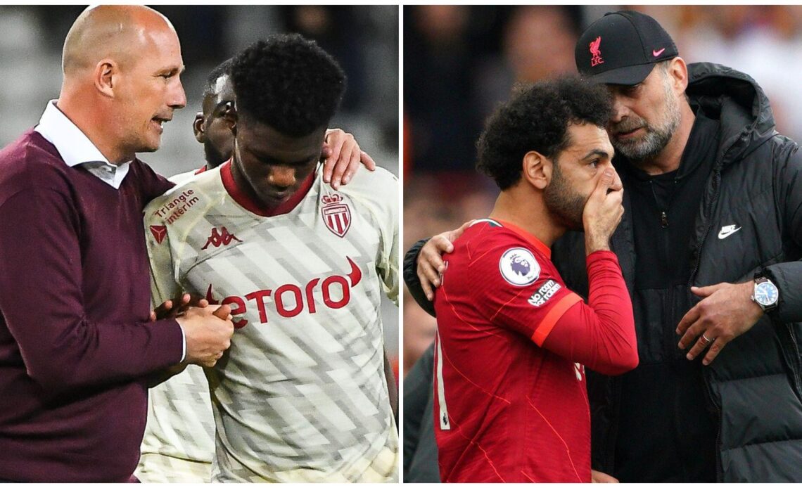 Monaco coach Philippe Clement talks to Aurelin Tchouameni; Liverpool striker Mo Salah.