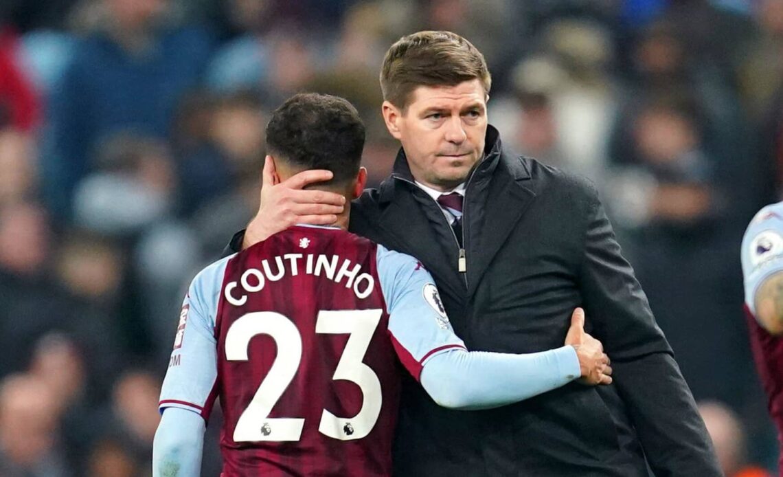 Aston Villa manager Steven Gerrard embracing Philippe Coutinho