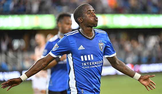 San Jose Earthquakes midfielder Jamiro Monteiro celebrates one of his two goals on Wednesday