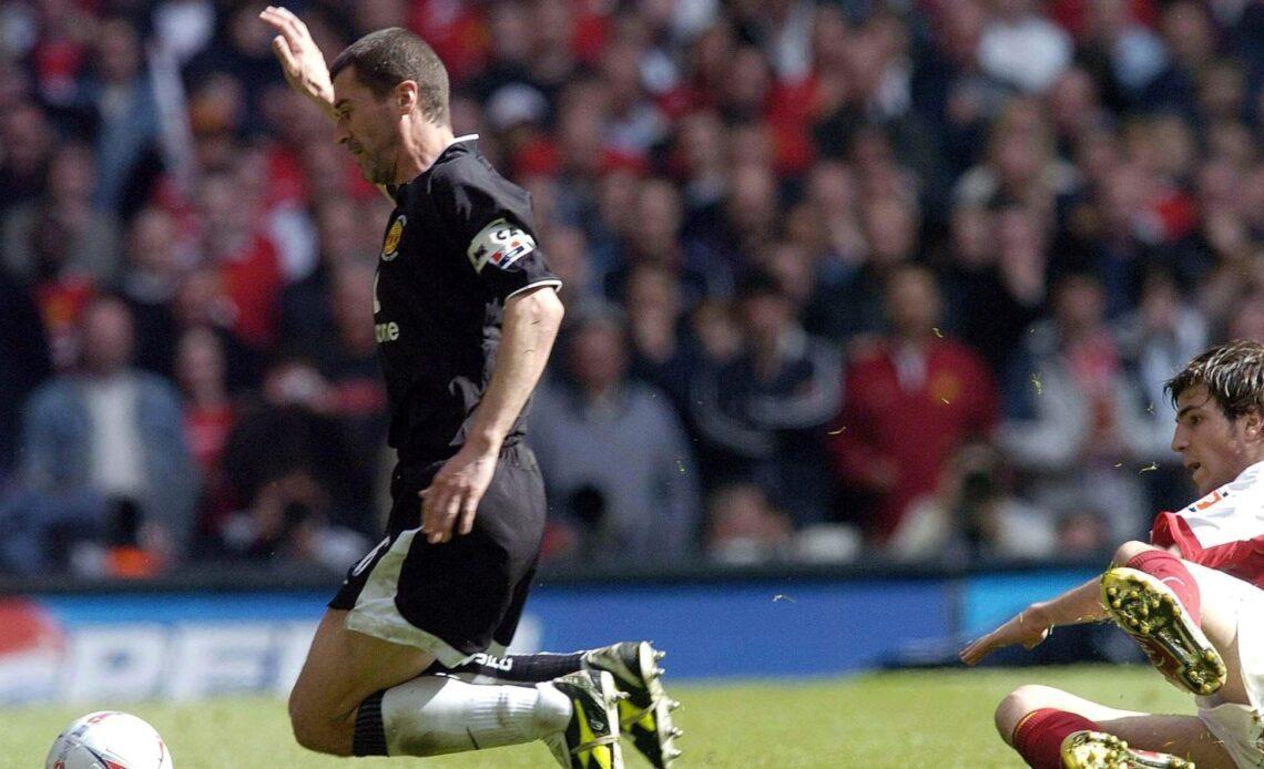 Man Utd legend Roy Keane is tackled by Cesc Fabregas