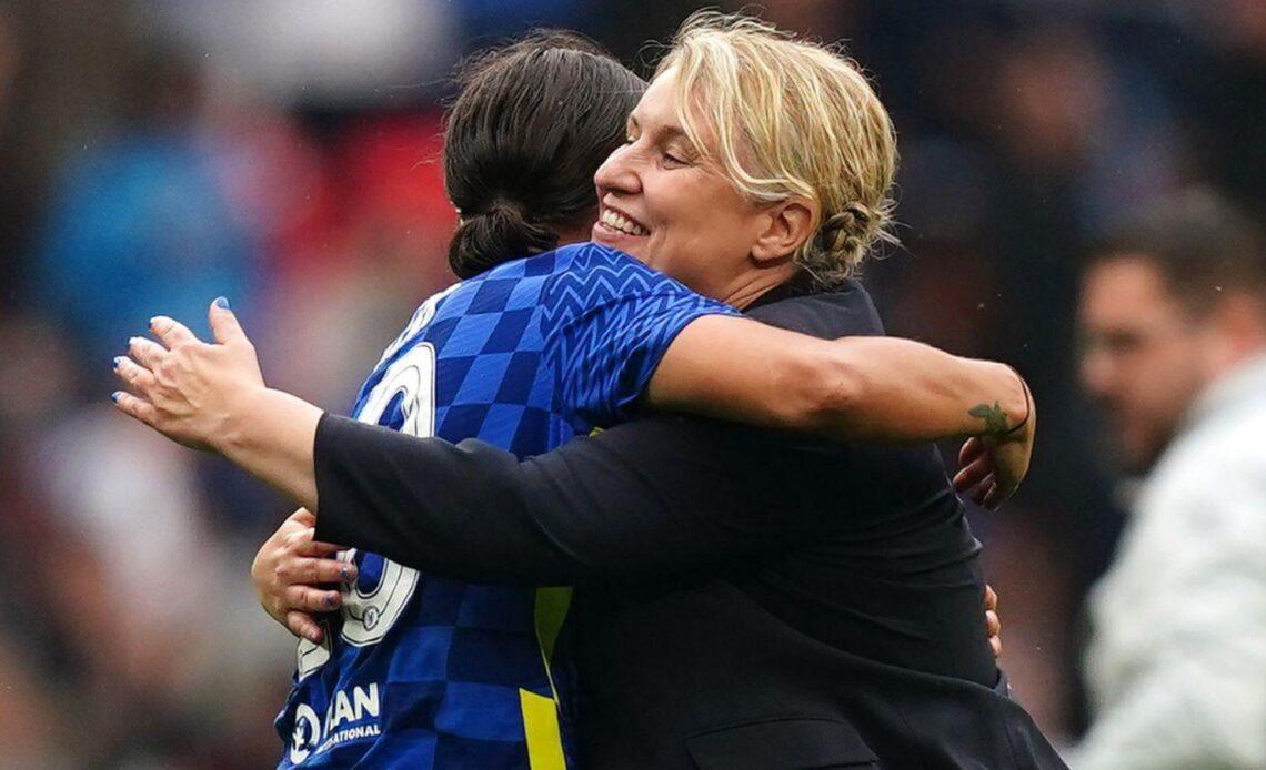 Chelsea forward Sam Kerr and manager Emma Hayes hug each other