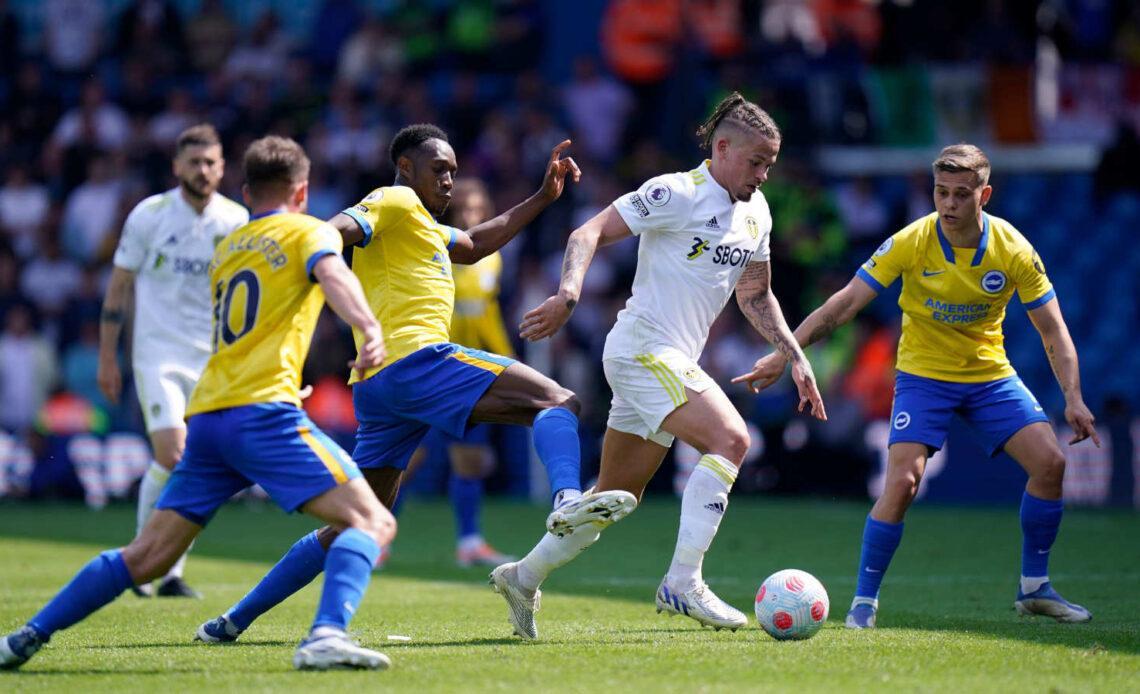 Leeds United's Kalvin Phillips under pressure against Brighton at Elland Road