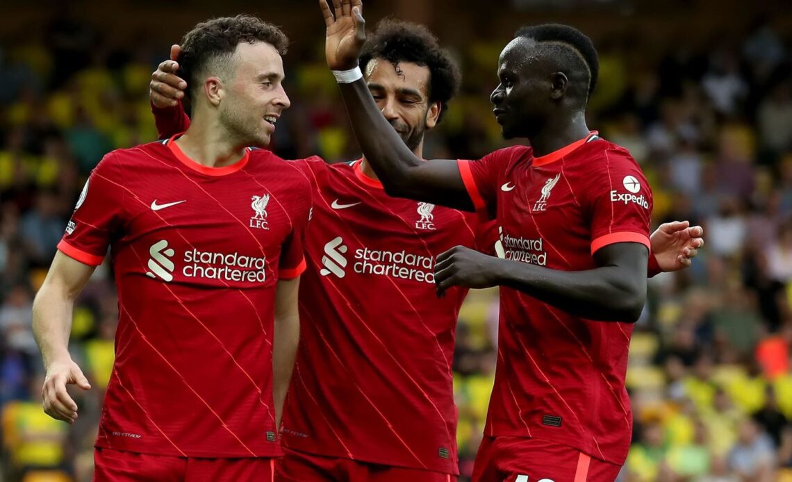 Liverpool forwards Diogo Jota, Mo Salah and Sadio Mane celebrate