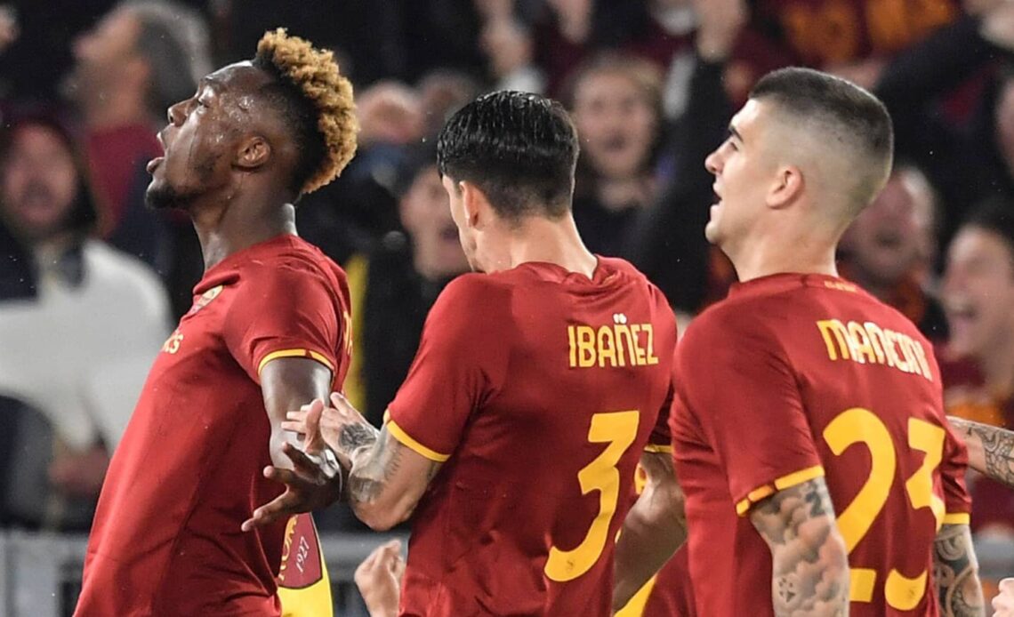 Tammy Abraham after scoring for Roma in the Europa Conference League against Leicester