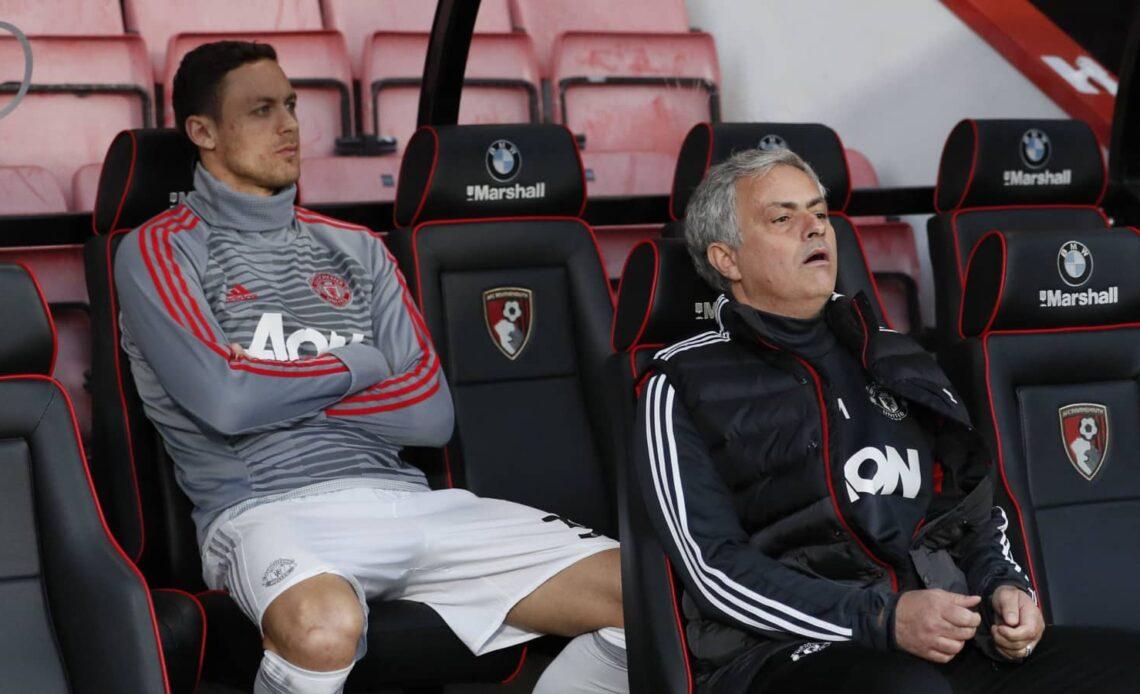 Jose Mourinho sitting with Nemanja Matic at Man Utd