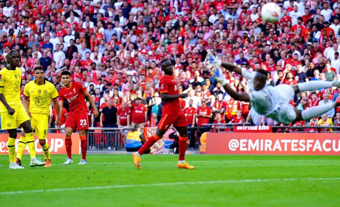 Luis Diaz shoots wide for Liverpool during the FA Cup final.