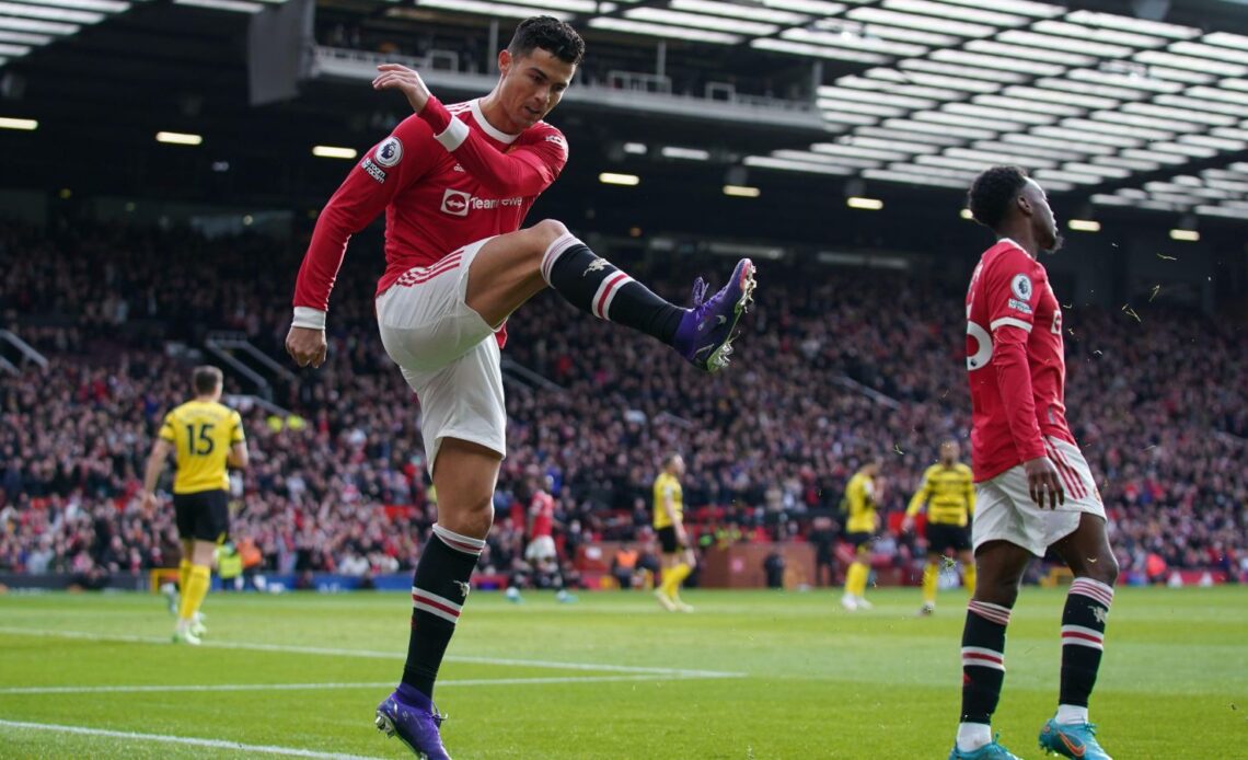 Man Utd striker Cristiano Ronaldo kicks the air after missing a chance