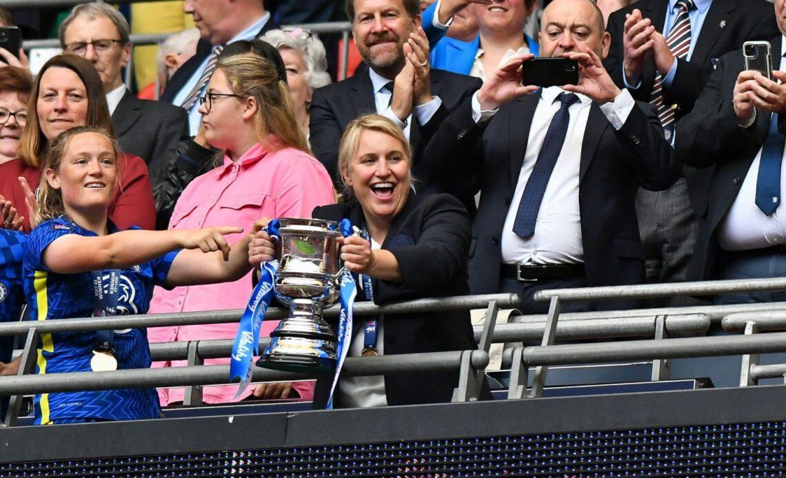 Emma Hayes lifts the FA Cup trophy