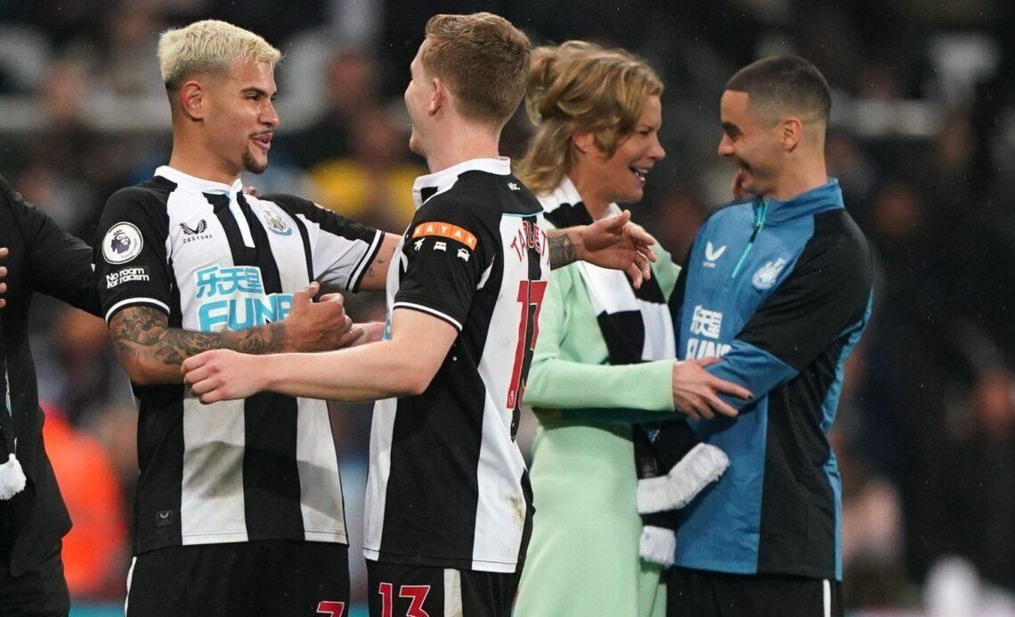 Newcastle co-owner Amanda Staveley celebrates with players after the win over Arsenal.