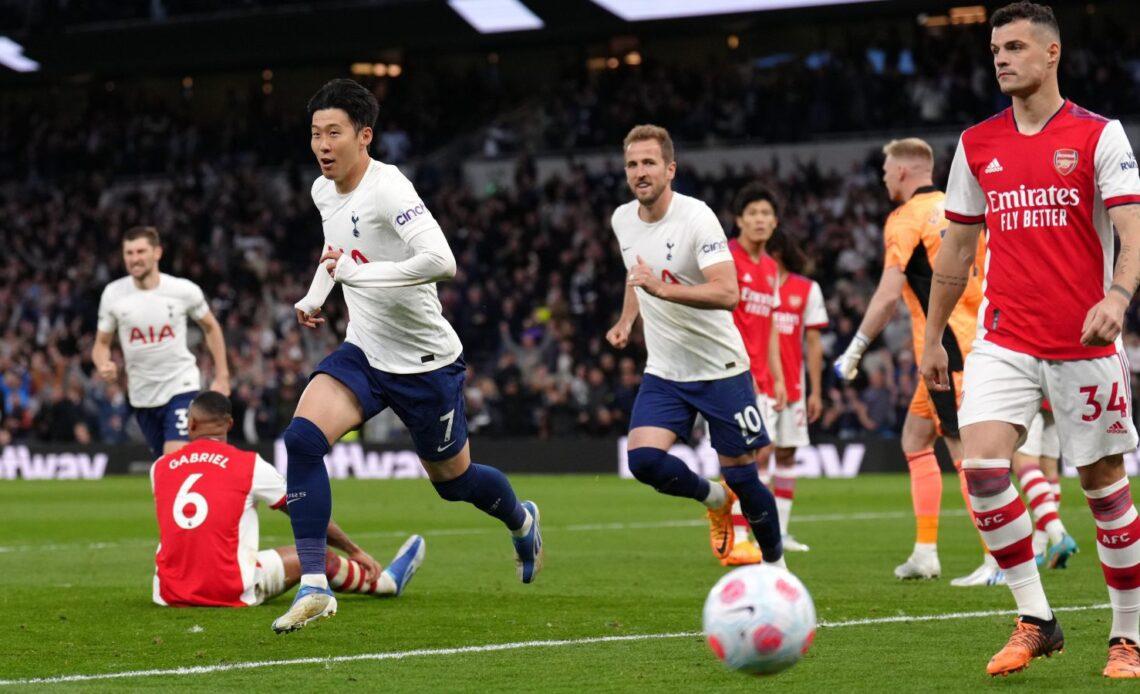 Heung-min Son celebrates scoring for Tottenham against Arsenal.
