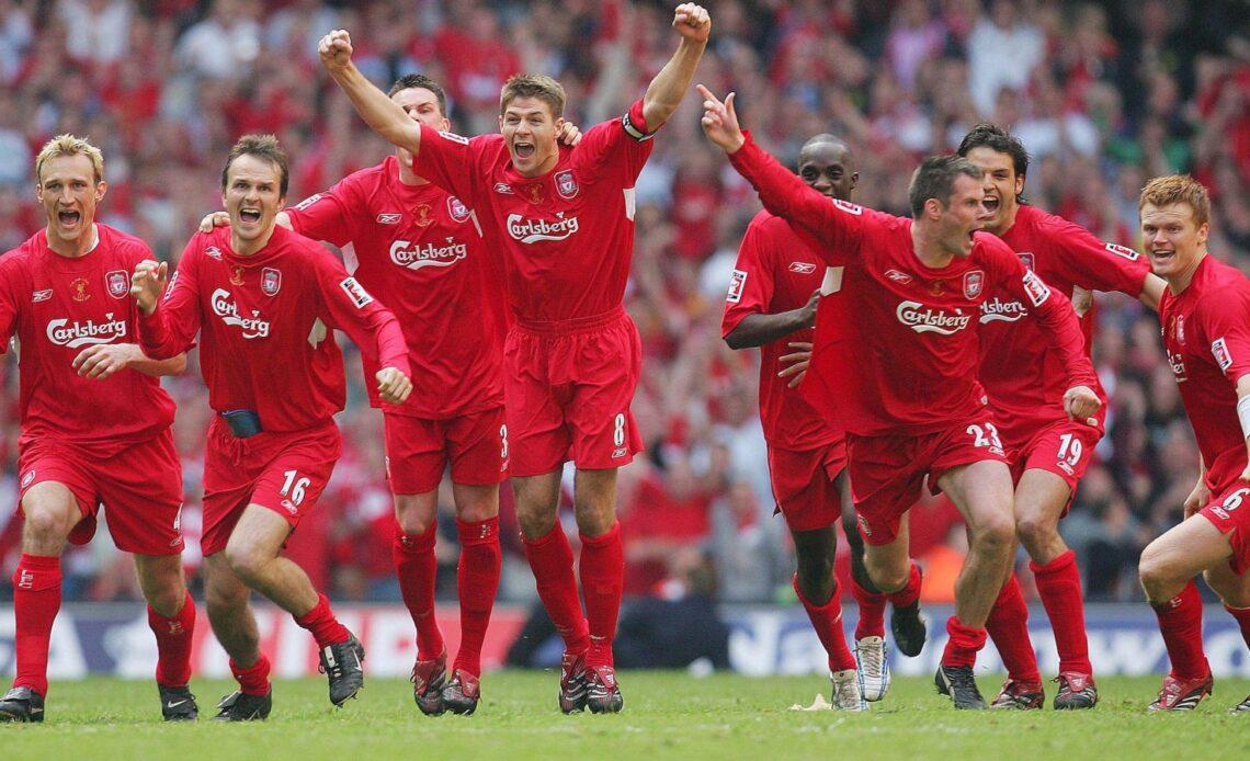 Steven Gerrard leads the celebrations after Liverpool beat West Ham in the 2006 FA Cup final.