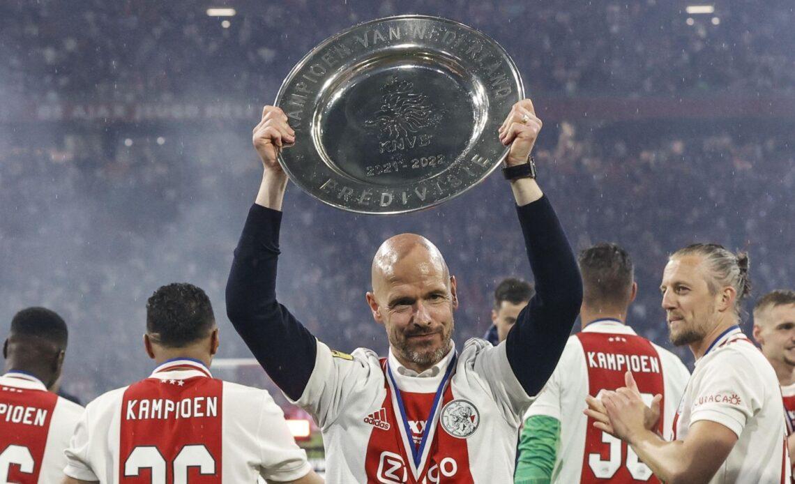 Incoming Man Utd boss Erik ten Hag lifts the Eredivisie trophy