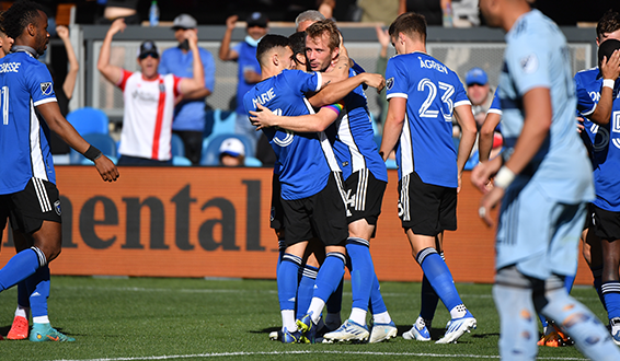 The San Jose Earthquakes celebrate Jackson Yueill's goal early in the second half