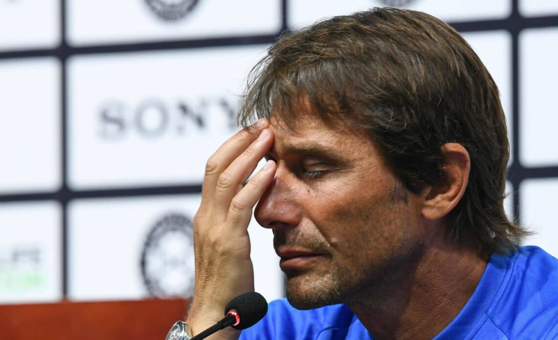 Antonio Conte of Inter Milan attends a press conference after being defeated by Juventus F.C. during the 2019 International Champions Cup football tournament in Nanjing city, east China's Jiangsu province in 2019