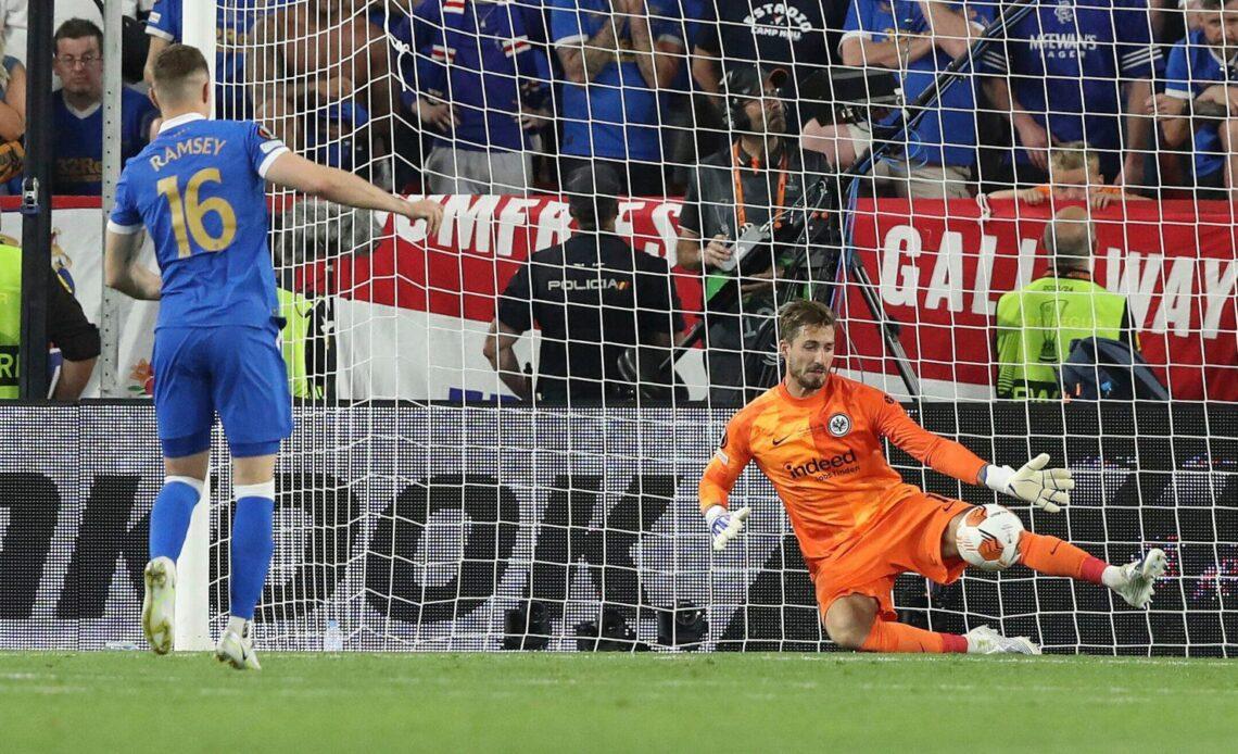 Aaron Ramsey sees his penalty saved by Kevin Trapp as Rangers lose to Eintracht Frankfurt in the Europa League final.