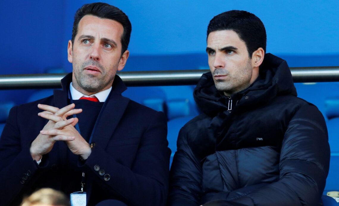 Arsenal manager Mikel Arteta watches a game with Edu.
