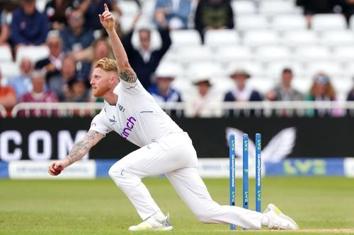 England's Ben Stokes celebrates the Will Young run out in the second Test