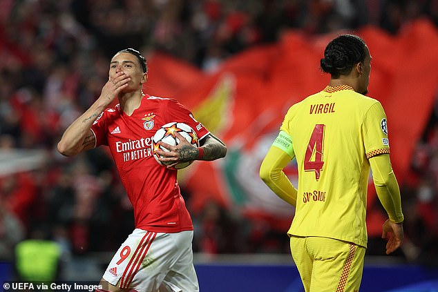 Nunez (left) scored in both games against Liverpool in the Champions League last season