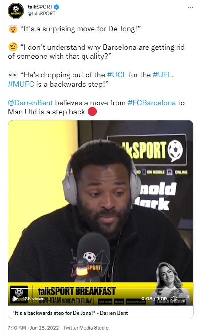 Darren Bent said he thought Frenkie de Jong's decision to leave Spain was a 'backwards step'