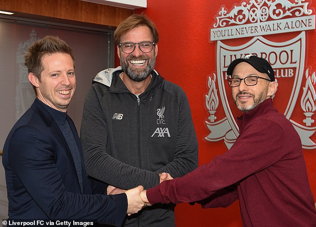 Manchester United and Chelsea are interested in Liverpool's former transfer guru Michael Edwards (left) – who's pictured alongside Jurgen Klopp and FSG president Mike Gordon (right)